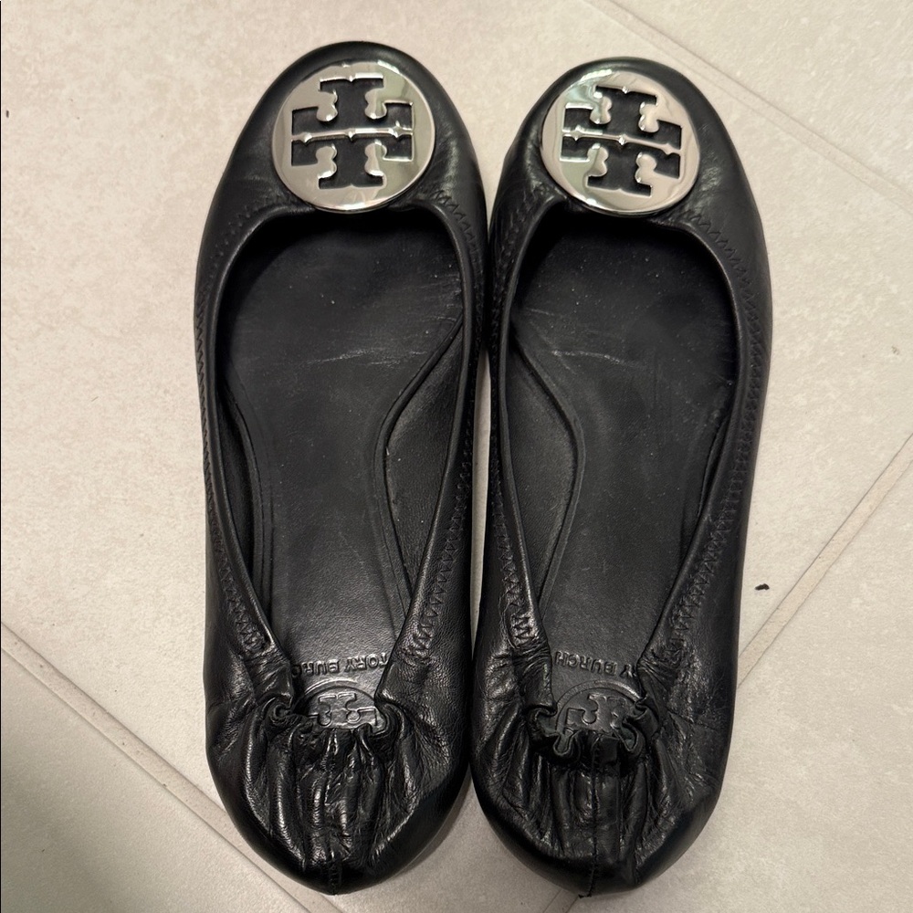 Tory Burch Black Leather Flats with Silver Logo